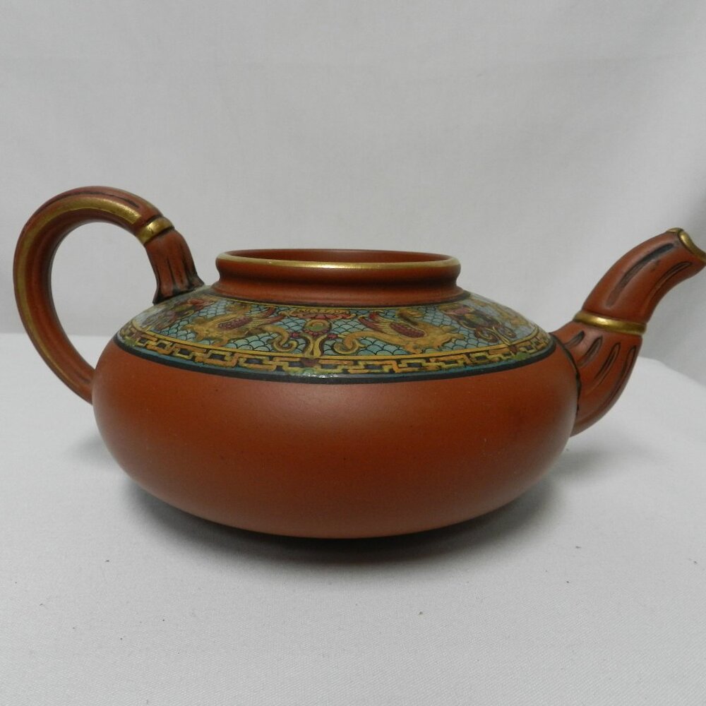 Chinese Yixing Zisha Clay teapot no lid chip on spout Fu Manchu embossed handle